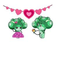 diseño de personajes de pareja de brócoli con ramo de flores y corazones vector