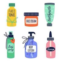 conjunto de iconos vectoriales de cosmética ecológica natural. tónico facial, crema, pasta de dientes, spray corporal, loción, suero. botellas con productos de belleza para el cuidado de la piel, hidratantes. clipart plano para spa, logotipo. aislado en blanco vector