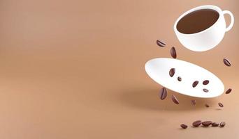 3D rendering falling of coffee cup and coffee beans for copy space on brown background , 3D illustration coffee concept photo