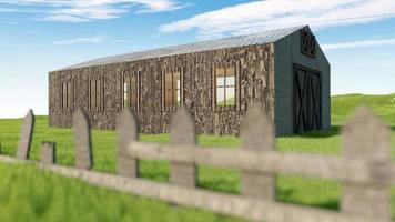 An old barn in the middle of grass field photo