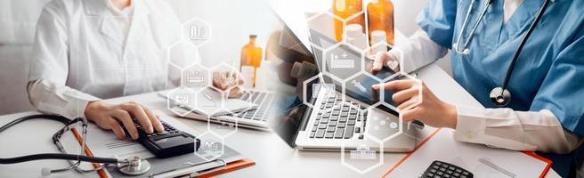 Medicine doctor hand working on a patients x-ray scans digital healthcare and connection with modern virtual screen interface icons, Medical technology and network concept. photo