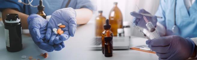 Medicine doctor hand working on a patients x-ray scans digital healthcare and connection with modern virtual screen interface icons, Medical technology and network concept. photo