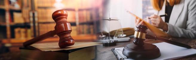 Business and lawyers discussing contract papers with brass scale on desk in office. Law, legal services, advice, justice and law concept picture with film grain effect photo