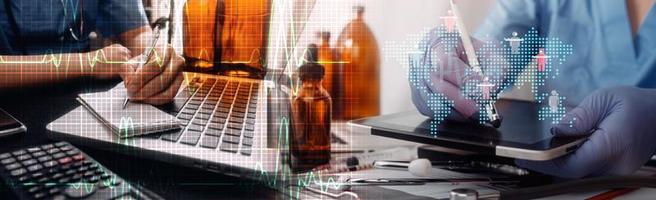 Medicine doctor hand working on a patients x-ray scans digital healthcare and connection with modern virtual screen interface icons, Medical technology and network concept. photo