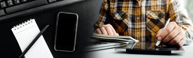 Justice and law concept.Male judge in a courtroom with the gavel, working with, computer and docking keyboard, eyeglasses, on table in morning light photo