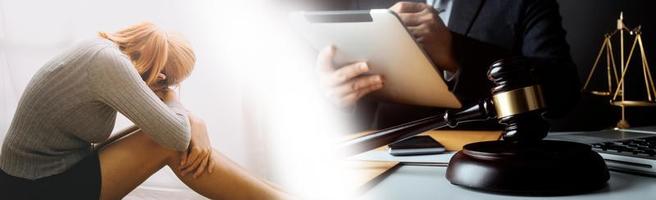 Business and lawyers discussing contract papers with brass scale on desk in office. Law, legal services, advice, justice and law concept picture with film grain effect photo