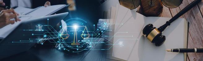 Consultation and conference of professional businesswoman and Male lawyers working and discussion having at law firm in office. Concepts of law, Judge gavel with scales of justice photo