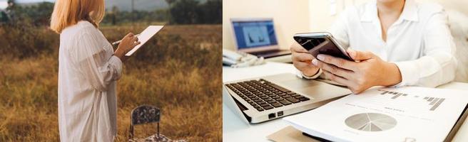 business hand working and laptop with on on architectural project at construction site at office desk in office photo