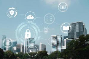 Concept of cybersecurity lock icon, protecting confidential data and privacy, internet network security technology and virtual interface, on modern city background. photo