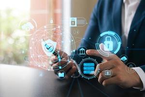 Cybersecurity concept global network security technology, business people protect personal information. Encryption with a padlock icon on the virtual interface. photo