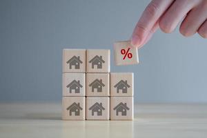 House and property investment and asset management concept. Real estate, Interest rates, loan mortgage, house tax, discount and sale price. Hand holding percentage icon on wooden cube from may house. photo