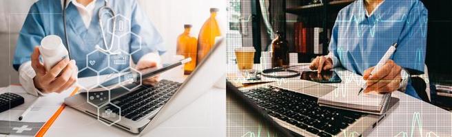 Medicine doctor hand working on a patients x-ray scans digital healthcare and connection with modern virtual screen interface icons, Medical technology and network concept. photo