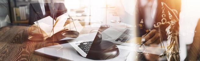 Business and lawyers discussing contract papers with brass scale on desk in office. Law, legal services, advice, justice and law concept picture with film grain effect photo