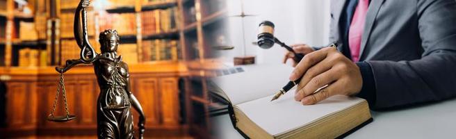 Business and lawyers discussing contract papers with brass scale on desk in office. Law, legal services, advice, justice and law concept picture with film grain effect photo