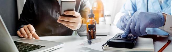 Medicine doctor hand working on a patients x-ray scans digital healthcare and connection with modern virtual screen interface icons, Medical technology and network concept. photo