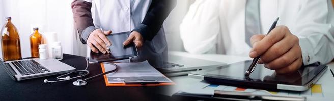 Medicine doctor hand working on a patients x-ray scans digital healthcare and connection with modern virtual screen interface icons, Medical technology and network concept. photo