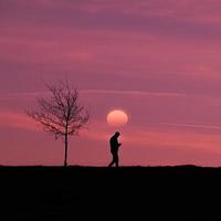 hombre caminando por el campo con un hermoso fondo de puesta de sol foto