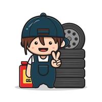 Cute mechanic with peace pose cartoon icon illustration vector