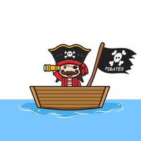 Cute captain pirates holding telescope riding boat cartoon icon illustration vector