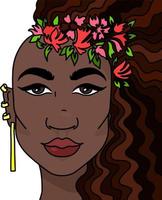 Girl Face with Red Flowers in Her Black Long Hair vector