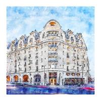 Hotel Lutetia Paris France Watercolor sketch hand drawn illustration vector