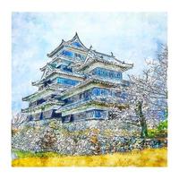 castillo de matsumoto japón acuarela boceto dibujado a mano ilustración