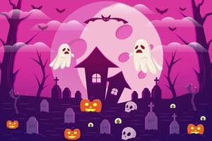 fondo aterrador de halloween con calabaza, lápidas, calaveras y fantasmas