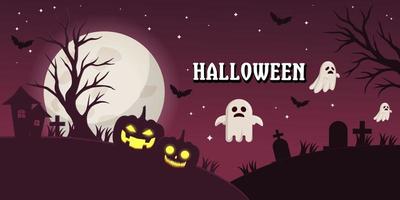 ilustración de fondo de noche espeluznante de halloween con calabaza, lápida, fantasma y murciélagos vector
