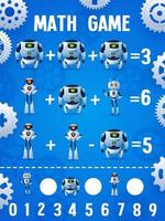 Math game worksheet of cartoon robots and droids vector