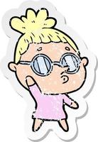 distressed sticker of a cartoon woman wearing glasses vector