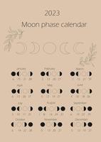 Moon phases calendar 2023. Waning gibbous, Waxing crescent, New moon, Full moon with dates. vector