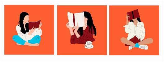 Set of three Girls that are reading Books while standing. Young women. Read more books concept. Hand drawn Vector isolated trendy illustrations