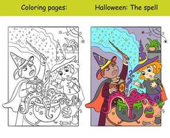 colorear y colorear los niños de halloween cocinan un vector de poción