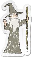 retro distressed sticker of a cartoon old wizard vector