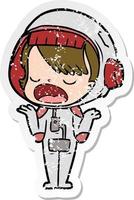 distressed sticker of a cartoon talking astronaut vector