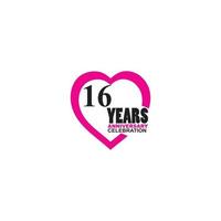 16 Anniversary celebration simple logo with heart design vector