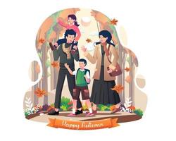 Happy Family and children are walking outside in the park in autumn. Vector illustration in flat style
