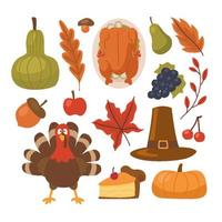 Thanksgiving day. Vector elements of thanksgiving celebration harvest and icons. Traditional turkey, cornucopia horn, pilgrim hat, pumpkin, fruit pie, vegetables harvest, plenty of food products