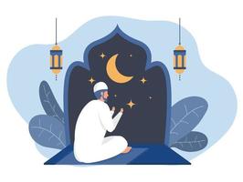 Muslim praying in the Mosque at night,Arabian in traditional clothes for national religious holiday vector illustration.