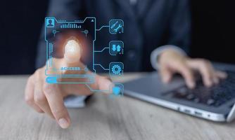 Fingerprint scan provides security access with biometrics identification. Business Technology Safety Internet Concept. processing of biometric for access personal data. photo