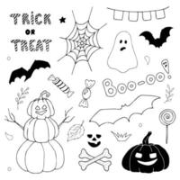 Vector doodle set of Halloween clipart. A funny hand draw, cute illustration for seasonal design, textiles, decoration of a children's playroom or a greeting card. Pumpkins, ghosts, witch hats, etc