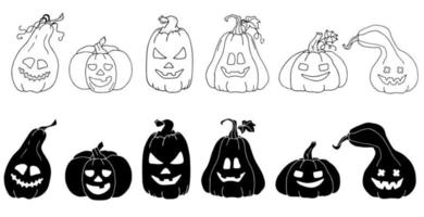 A set of Halloween pumpkins with emotions, a vector Halloween icon with doodles. Halloween pumpkin logo with a face
