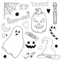 Vector doodle set of Halloween clipart. A funny hand draw, cute illustration for seasonal design, textiles, decoration of a children's playroom or a greeting card. Pumpkins, ghosts, witch hats, etc