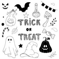 Vector doodle set of Halloween clipart. A funny hand draw, cute illustration for seasonal design, textiles, decoration of a children's playroom or a greeting card. Pumpkins, ghosts, witch hats, etc