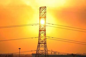 Transmission line tower and sunset photo