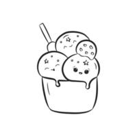 Cute ice cream in a cup isolated on white background. Ice cream with happy kawaii face in doodle style. Coloring book. Vector Illustration