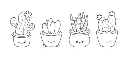 Collection of cacti and house plants with funny faces. Set of kawaii potted plants and cacti in black linear drawing style. Vector illustration isolated on white background