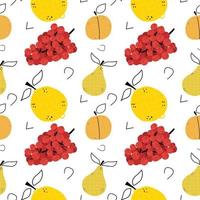 Seamless pattern with different fruits with textures. Grape, lemon, pear. Vector illustration in flat style