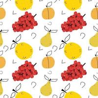 Seamless pattern with different fruits with textures. Grape, lemon, pear. Vector illustration in flat style