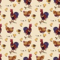 Seamless background with hand drawn rooster, hens and chickens vector